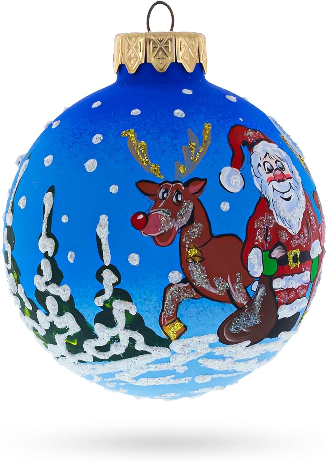 Santa and Reindeer Festive Glass Ball Christmas Ornament 3.25 Inches - Image 2