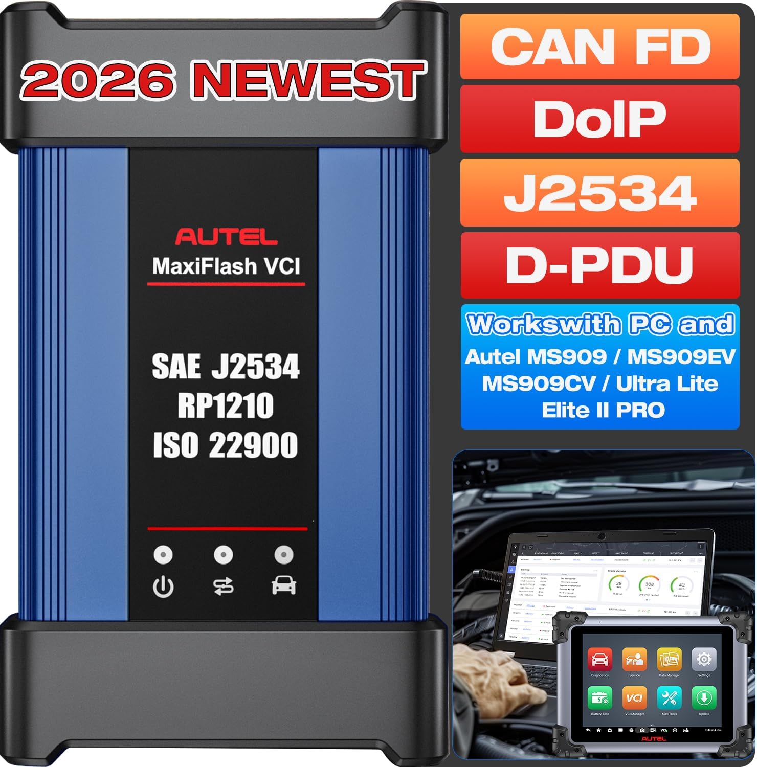 Autel J2534 Pass-Thru Programmer, 2026 MaxiFlash VCI OEM Programming & Diagnostic Tool 2.0V of MaxiFlash Elite, SAE J-2534 CAN FD DoIP D-PDU RP1210, Work with OE Tools & MaxiSYS Elite II PRO MS909