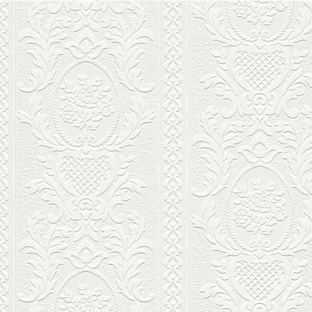 Yöl White Paintable Damask As Creation Blown Vinyl Wallpaper Textured Embossed