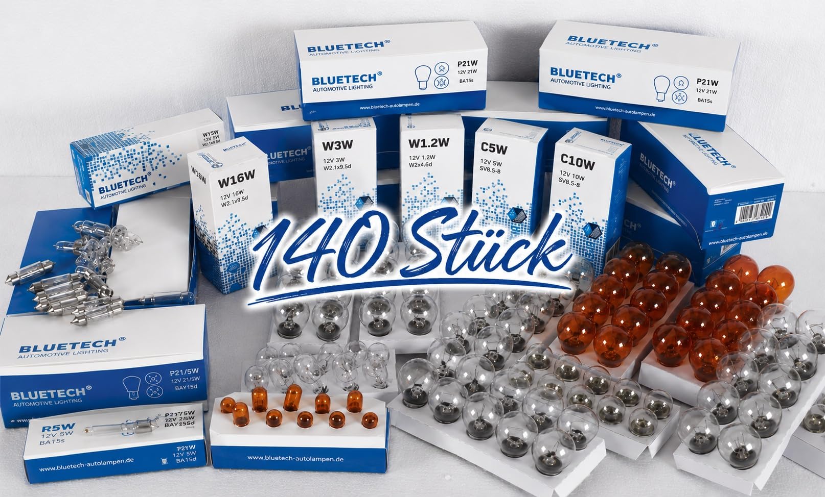 BLUETECH 140 szt. zestaw oświetlenia samochodowego żarówka samochodowa żarówka Longlife. Oferta specjalna. Zestaw ekonomiczny do warsztatu samochodowego lub hobbystów