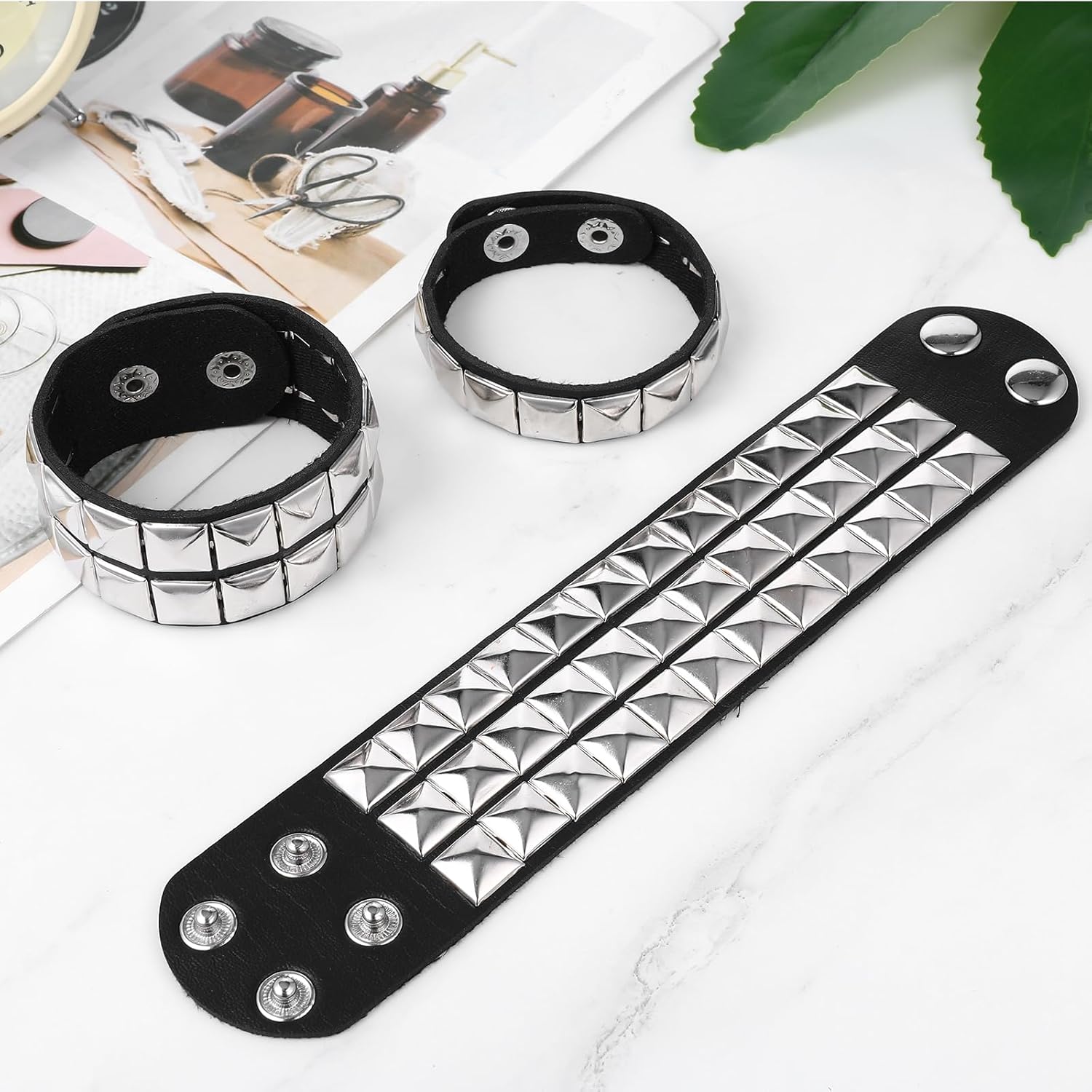 TIESOME 3 Pcs Punk Leather Rock Studded Bracelet, 80s Emo Spiked Bracelets Retro Goth Cuff Bracelets Studded Arm Band Costumes Accessories for Women Men - Image 6