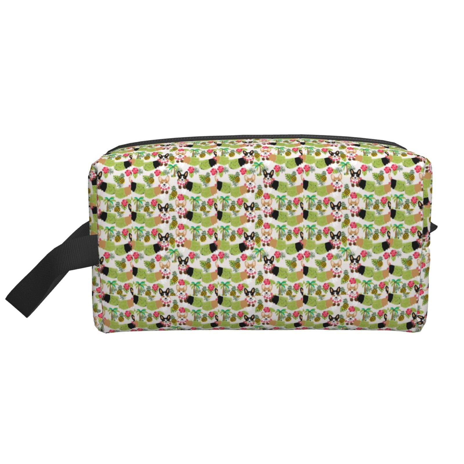 Ercgad Unisex White Tropical Flower And Corgi Print Large Capacity Travel Toiletry Bag Cosmetic Pouch Daily Storage Makeup Case