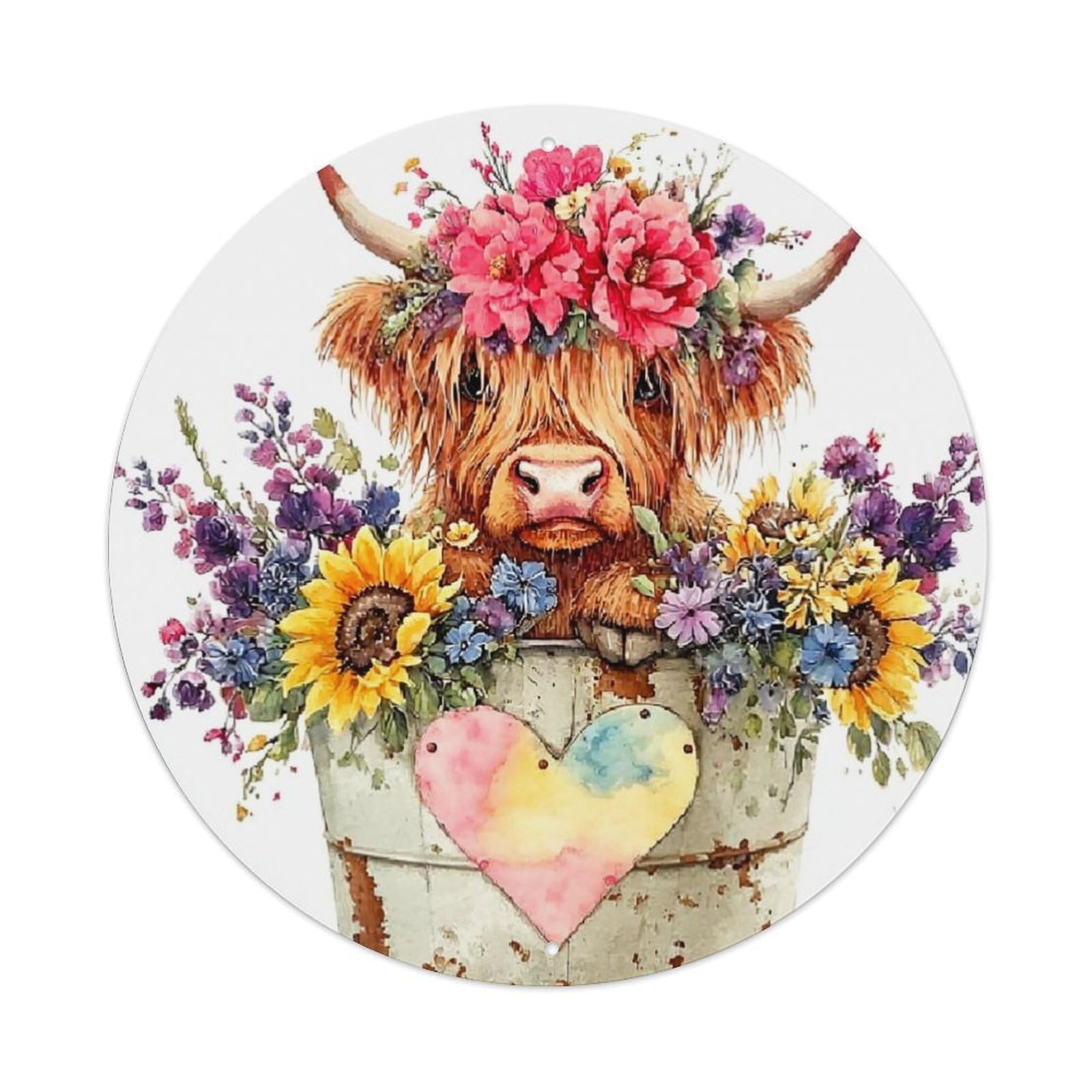 Floral Highland Cow In Bucket Vintage Metal Tin Sign Retro Wall Decor for Home Bar Garage Cafe, Indoor & Outdoor Decorative，circle Metal Poster, 8x8 Inch