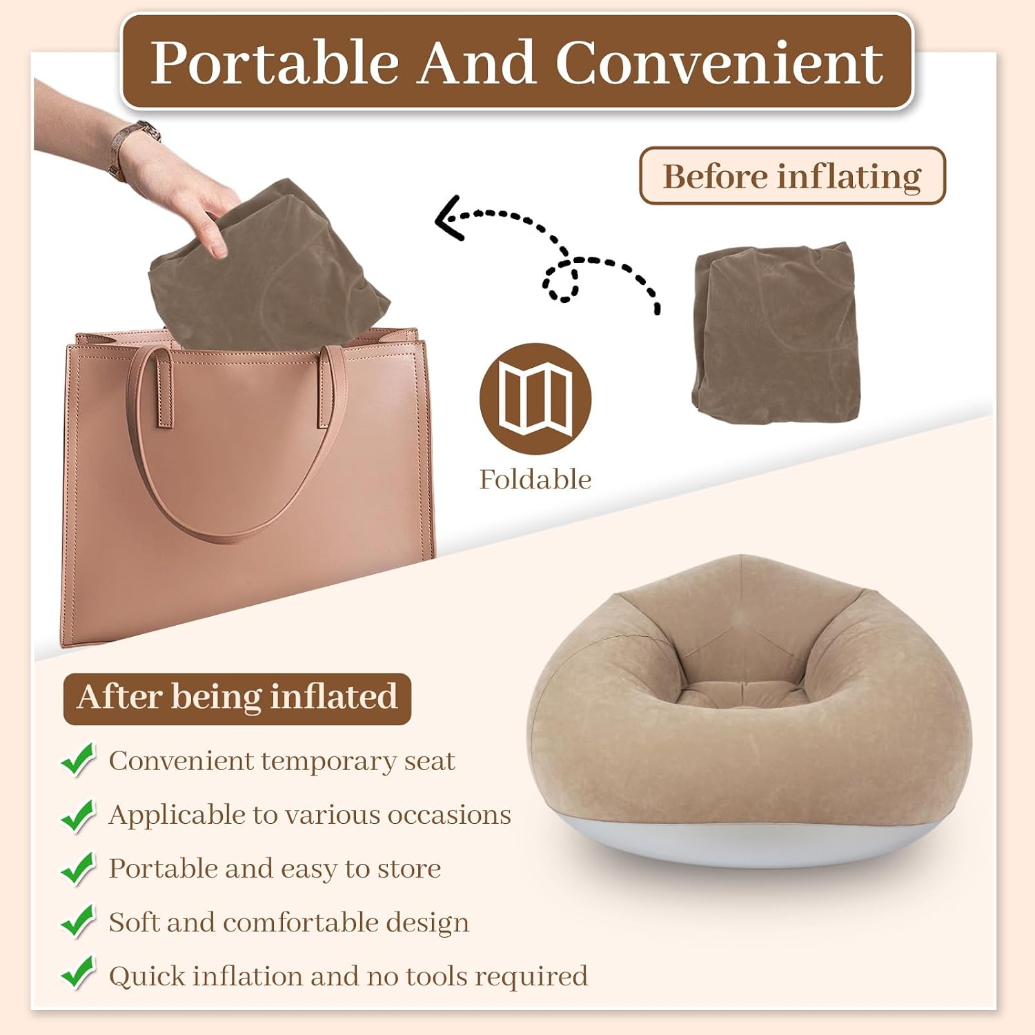Inflatable Bean Bag Chairs for Adults with Electric Air Pump, Floding Portable Blow Up Couch, Inflatable Lazy Sofa for Outdoor, Movie Nights, Camping and Room (2pcs-Brown)
