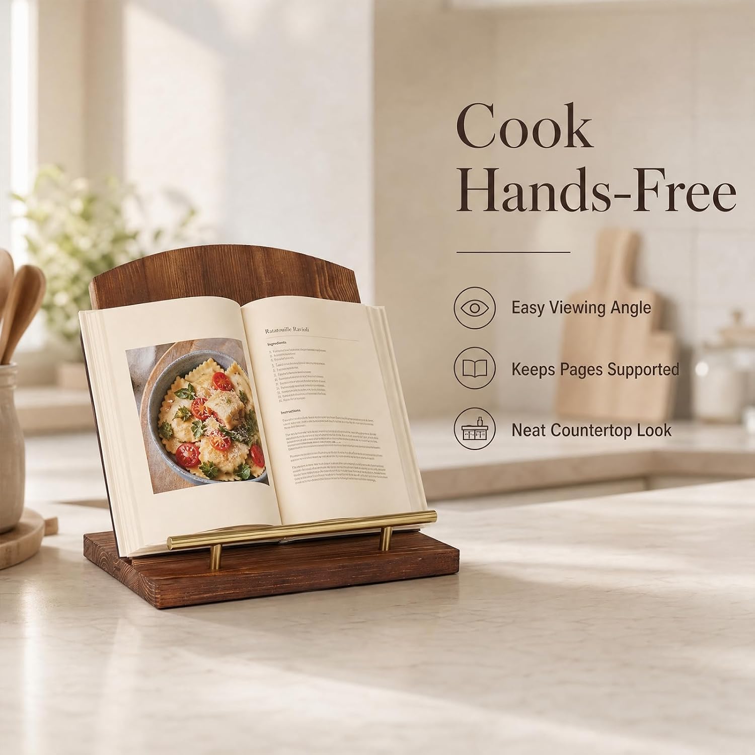 Cookbook Stand, Wooden Cookbook Holder for Kitchen Counter, Recipe Book Holder with Metal Page Holder for Convenient Cooking, Decorative Kitchen Decor Recipe Stand Fit iPad, Tablet, Magazine