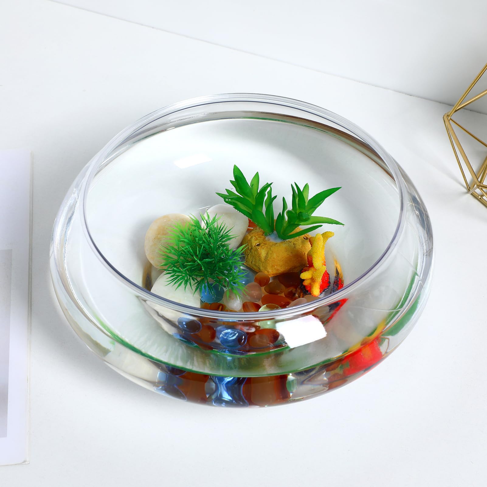 BESPORTBLE Florero De Cristal para Pecera Pecera De Escritorio Cuenco Decorativo De Vidrio Tanque De Acuario Transparente Dorada Accesorio para Peces 20X24. 20X10. 00Cm