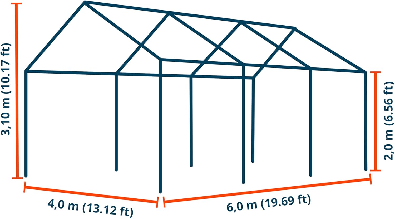 Diagram showing the dimensions of the tent frame in meters and feet