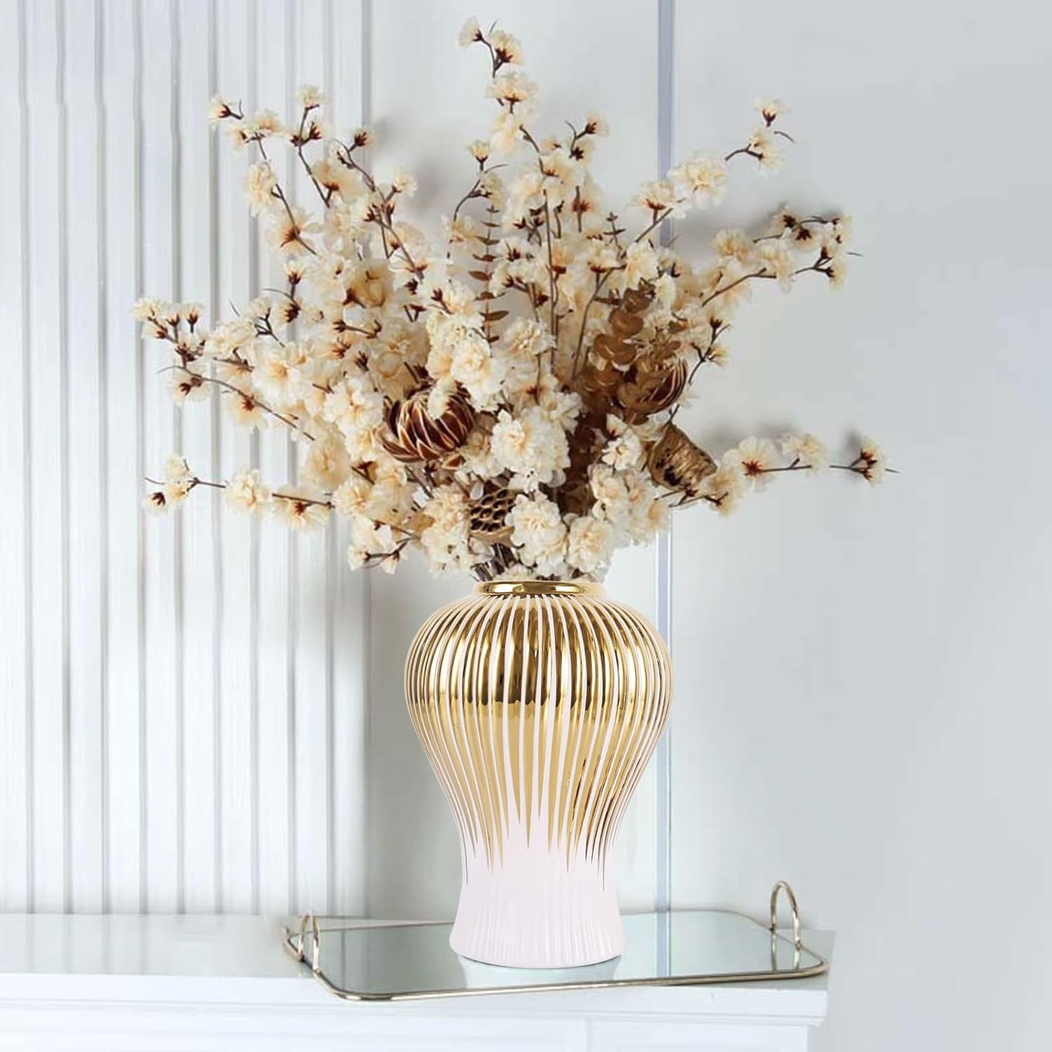 16.5" White and Gold Ceramic Ginger Jar with Lid - Modern Luxury Ceramic White Gold Ginger Jars for Home Decor, Living Room, Kitchen, Dining Table, Cabinet, Bookshelf Decor, Storage Ginger Jar