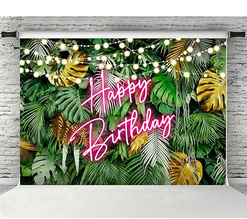 Miniatura 5 de Lofaris Telón de fondo hawaiano tropical Aloha con hojas de palmera feliz cumpleaños, color rosa, neón, hojas verdes selva, fondo para adultos y