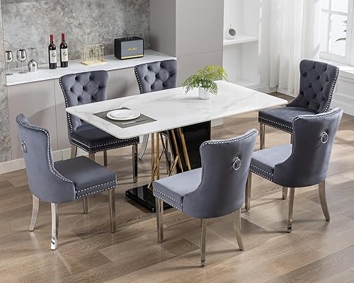 Miniatura 8 de KCC Juego de 2 sillas de comedor de terciopelo, sillas de comedor tapizadas de alta gama con mechones y ribete de tachuelas en el respaldo con