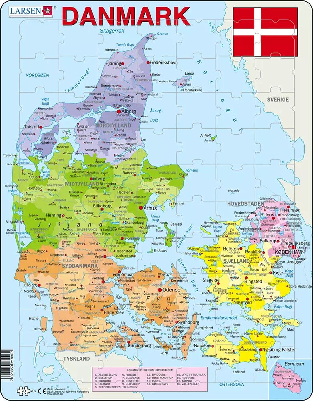 Larsen Puzzles Denmark Map 70 Piece Children's Educational Jigsaw Puzzle
