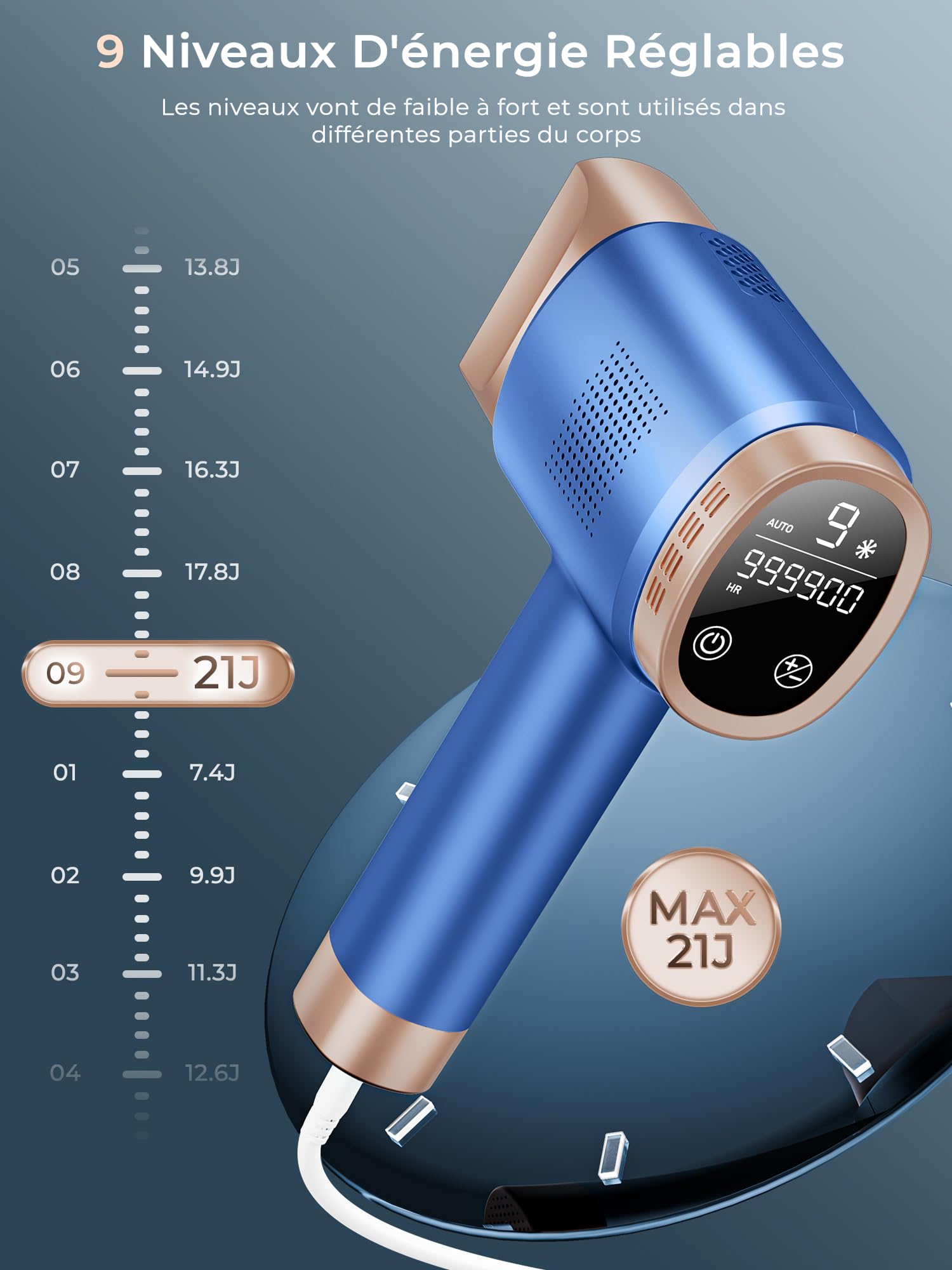 Épilateur Lumière Pulsée avec Fonction de Refroidissement, Épilation Laser sans Douleur avec 9 Niveaux D'énergie pour Femmes et Hommes, Visage, Aisselles, Bikini, Jambes, Corps, Blau