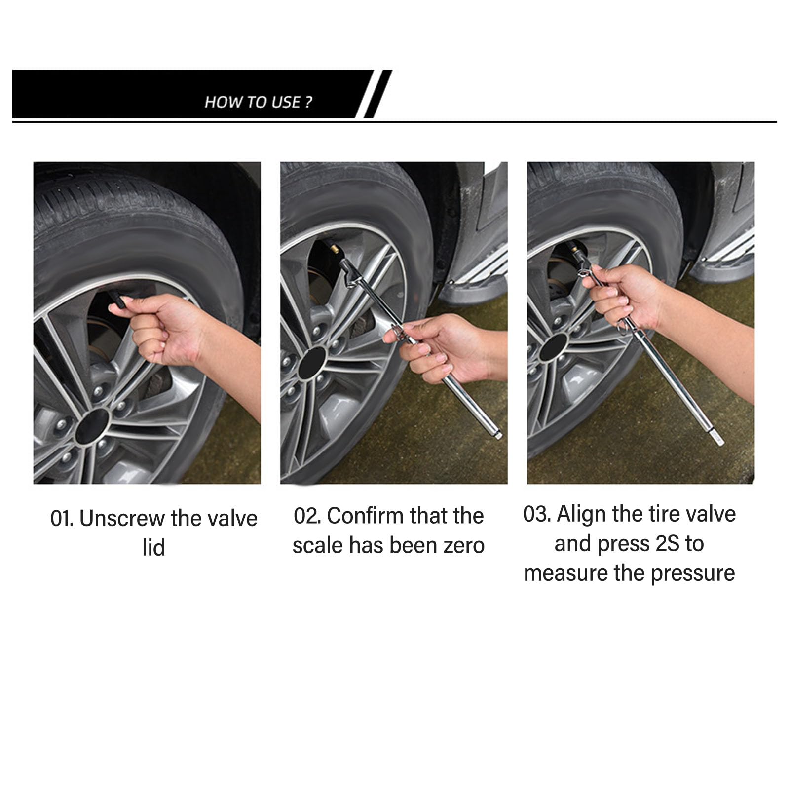 Manomètre de pression des pneus, 5 pièces outils de réparation de pneus de jauge d'air de service automatique de camion de voiture avec 10-150PSI 80-1040KPa
