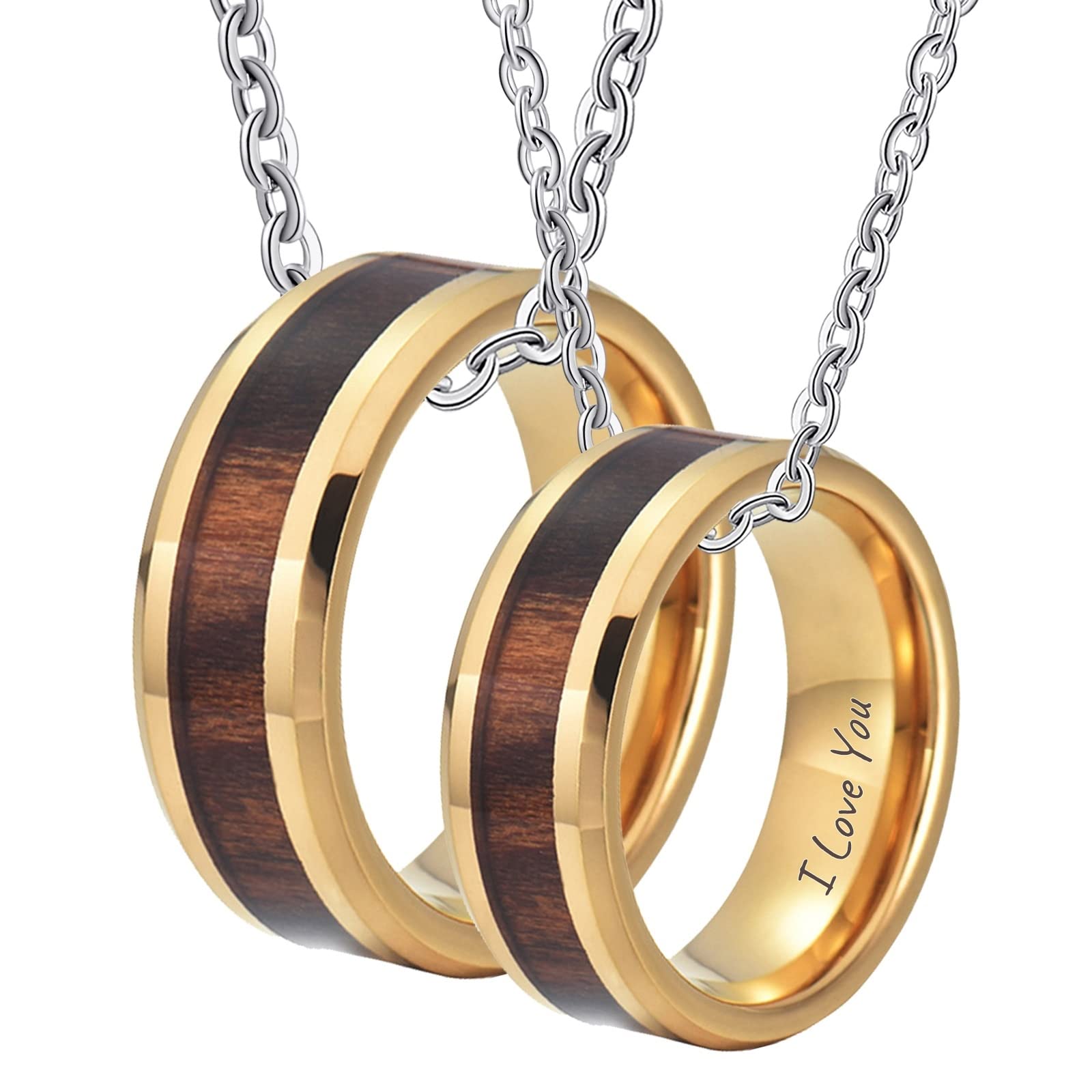 AmDxD 2 paia di collane in tungsteno, legno con incisione I Love You Partner, collana con ciondolo a forma di lui e lui, oro per donne, uomini, 8 mm di larghezza, 60 cm, collana da donna 50 cm,
