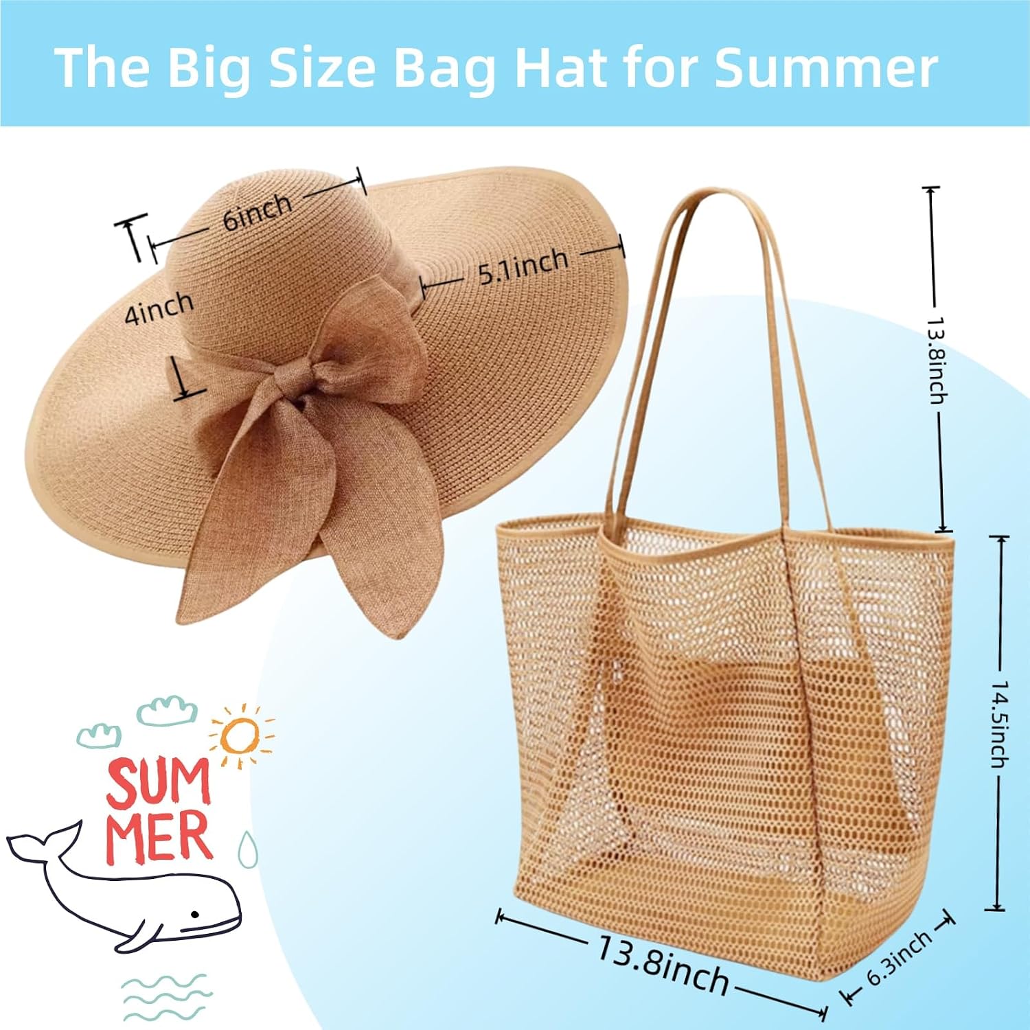 Women Straw Bag and Hat Set, Large Straw Beach Bag, Wide Brim Floppy Beach Hats,Breachim Roll up Cap Tote Bag Set