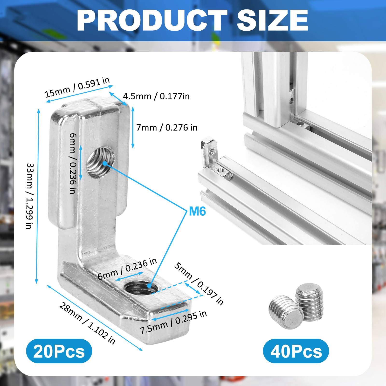 20 sztuk kątowników wewnętrznych z rowkiem T, 3030 M6 profil aluminiowy, łącznik 6 T Slot 90°, łącznik narożny wewnętrzny z 40 śrubami, profile aluminiowe, łączniki kątowe do profilu aluminiowego