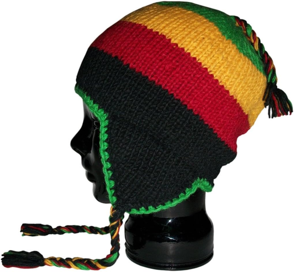Rasta Stripe Wool Knit Ear Flap Sherpa Hat Mens Womens