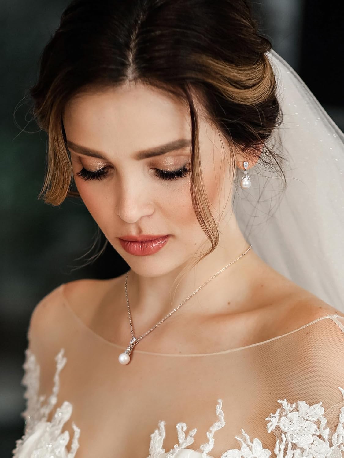 SWEETV Pearl Wedding Jewelry Set For Brides, Cubic Zirconia Wedding Necklace and Earrings Set, Elegant Bridal Jewelry Set for Women Bridesmaids Prom - Image 2