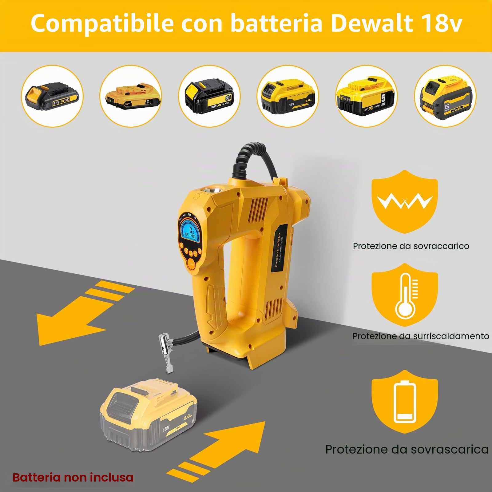 QUPERR compressore d’aria cordless compatibile con batteria Dewalt 18V, fino a 10,34 bar, con luce LED e arresto automatico, pompa portatile per auto, moto, bici e palloni (batteria non inclusa)