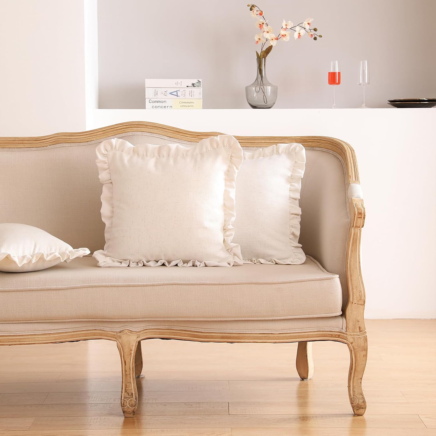 ISAENNE 2 Pcs Classic Ivory White Square Throw Pillow Cover 18"x18", Solid Color Farmhouse Linen Cotton Decor Pillow Cover with Ruffles, Sturdy Throw Pillowcase for Couch Sofa Bed Living Room