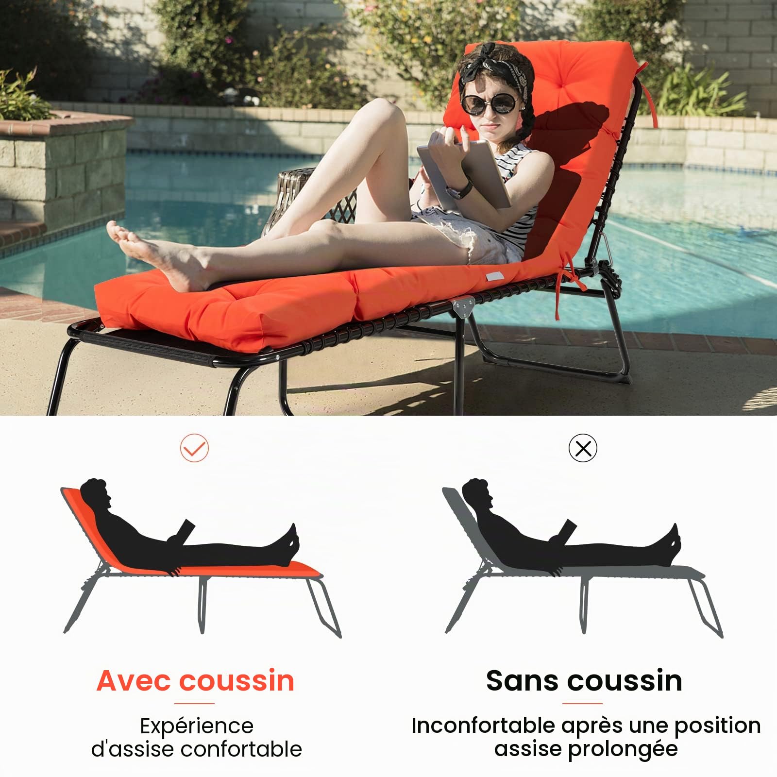 GRAFFY Coussin de Chaise Longue avec 4 Attaches – Coussin épais avec Design imperméable – pour extérieur et intérieur (Orange) – 183 x 55,9 x 10,2 cm