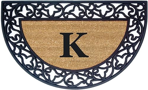 Miniatura 4 de Felpudo monograma de media luna de fibra de coco con diseño de borde de goma antideslizante, inicial de monograma, borde de goma negro, 22 x 36
