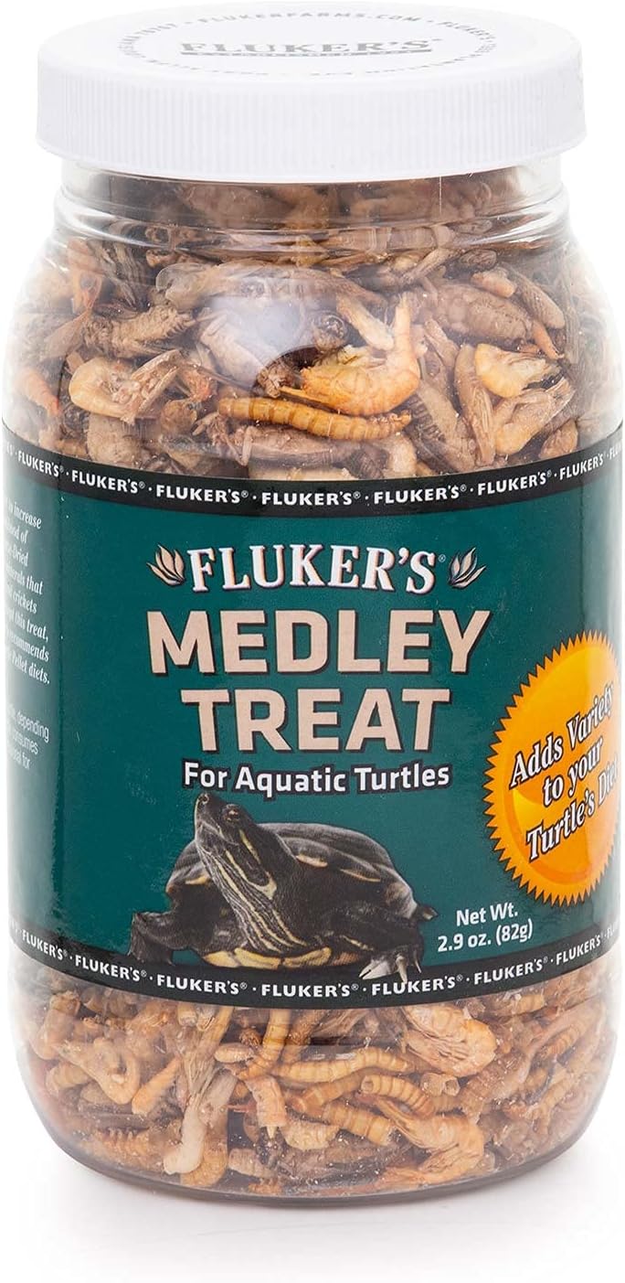 Aquatic Turtle Food, Vitamin, Enriched Medley Treats of Freeze, Dried River Shrimp, Mealworms, and Crickets, 2.9 oz