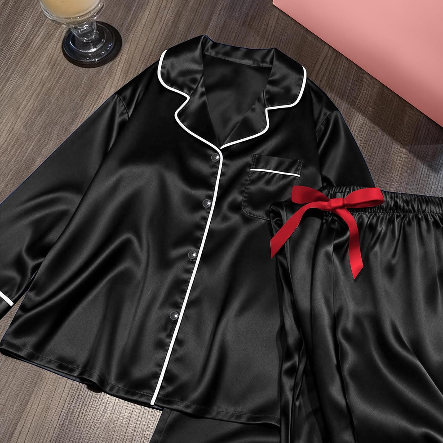 Womens Silk Satin Pajama Sets Long Sleeve,2 Piece Sleepwear with Button Down Top and Pants,Soft Loungewear - Image 2