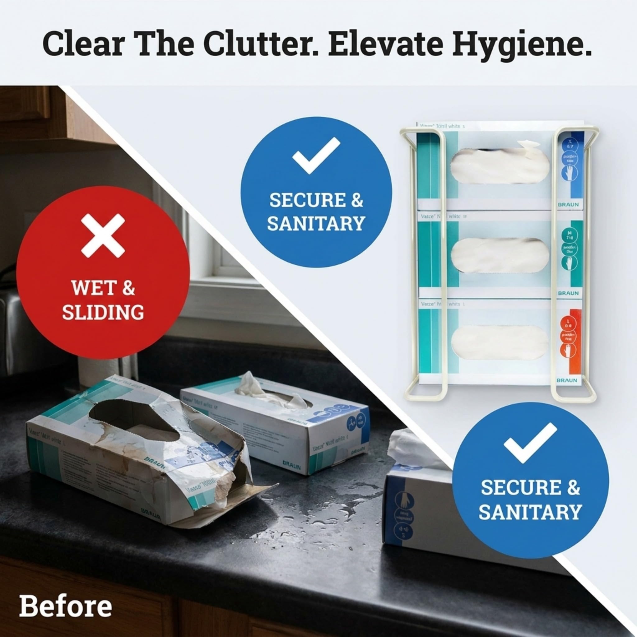 PERFORMORE Large Disposable Glove and Facial Tissue Wire Rack - Glove Box Holder, Medical Glove Holder, Holds Up To 3 Boxes, Hygiene Dispenser, Wall Mount Design With Mounting Accessories Included