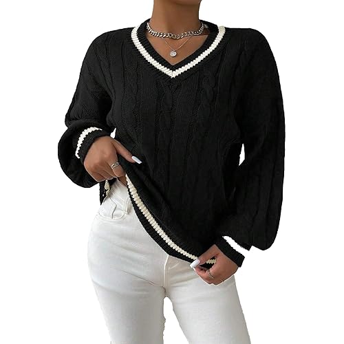 ZAFUL Women's Cropped Sweater V-Neck Long Sleeve Crop Sweater Pullover Jumper Knit Top
