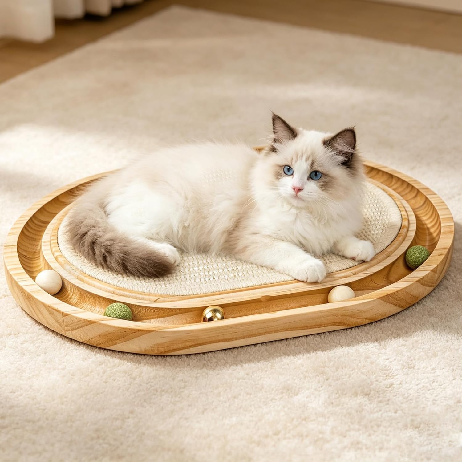 Sisal Cat Scratcher Toy with Ball Track, Interactive Cat Toy for Indoor Cats, Natural Sisal Cat Scratch Pad, Sturdy Solid Wood Frame, Physical Exercise for Kitty & Medium Cat