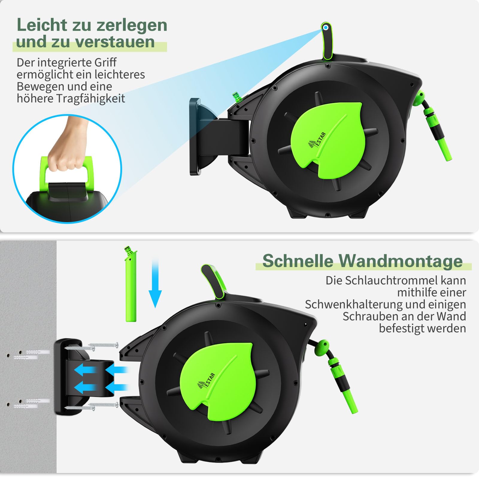 Schlauchtrommel 30m+2m, Wandmontage Schlauchbox mit Aufroll-Automatik & 180° Schwenkbar, Inkl Spritze & Montagehilfe, für Gartenbewässerung & Autowäsche