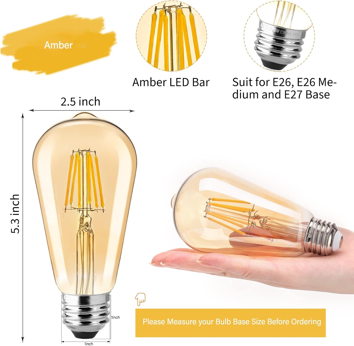 Cheapest 🛒 LED Edison Bulbs, 6 Packs 500 Lumen 6W Dimmable LED Light Bulb 60 Watt Equivalent, E26 E27 Vintage Antique Amber Tinted Glass Light Bulb, 3500K-4000K Neutral White Soft White Bulb for Home Decorative