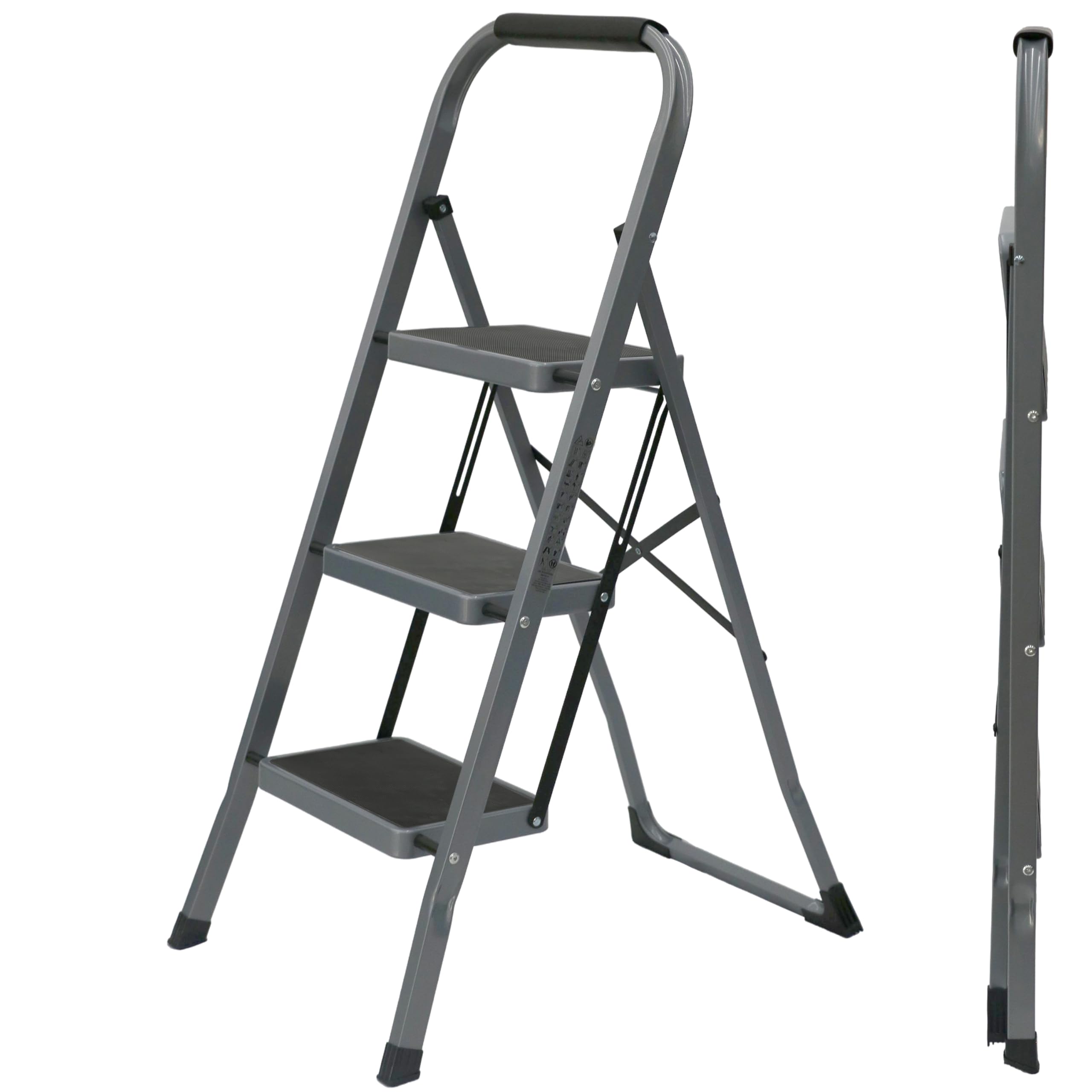 UZIRO Escalera Plegable 3 Peldaños -Estructura de Acero y Peldaño Antideslizante - Asa Superior de Goma - Escaleras Plegables Domésticas - Step Ladder para Hogar (Gris, 3 Peldaños)