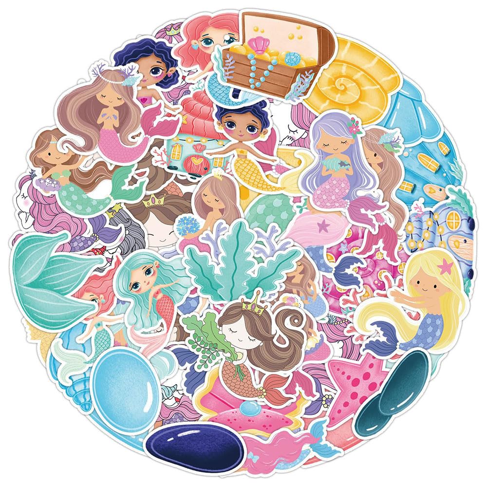 Cute Mermaid Stickers for Laptop Water Bottle Guitar Luggage Bicycle Car Notebook Guitar Skateboard, Aesthetic Cartoon Undersea Decals for Kids Teens Girls Boys Women