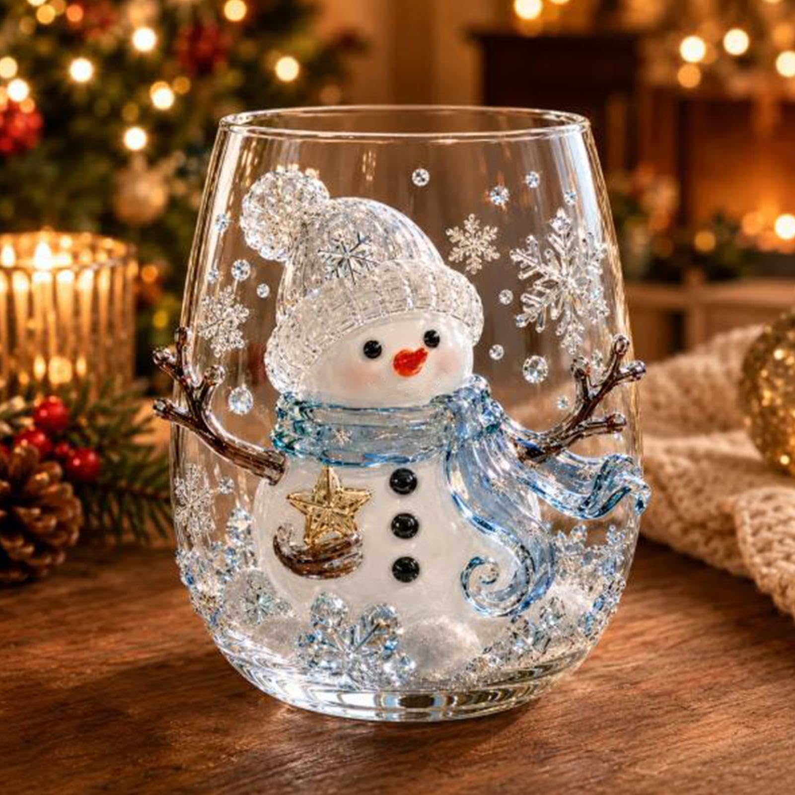3D Christmas Glass Art Cup, Raised Holiday Glassware Stemless