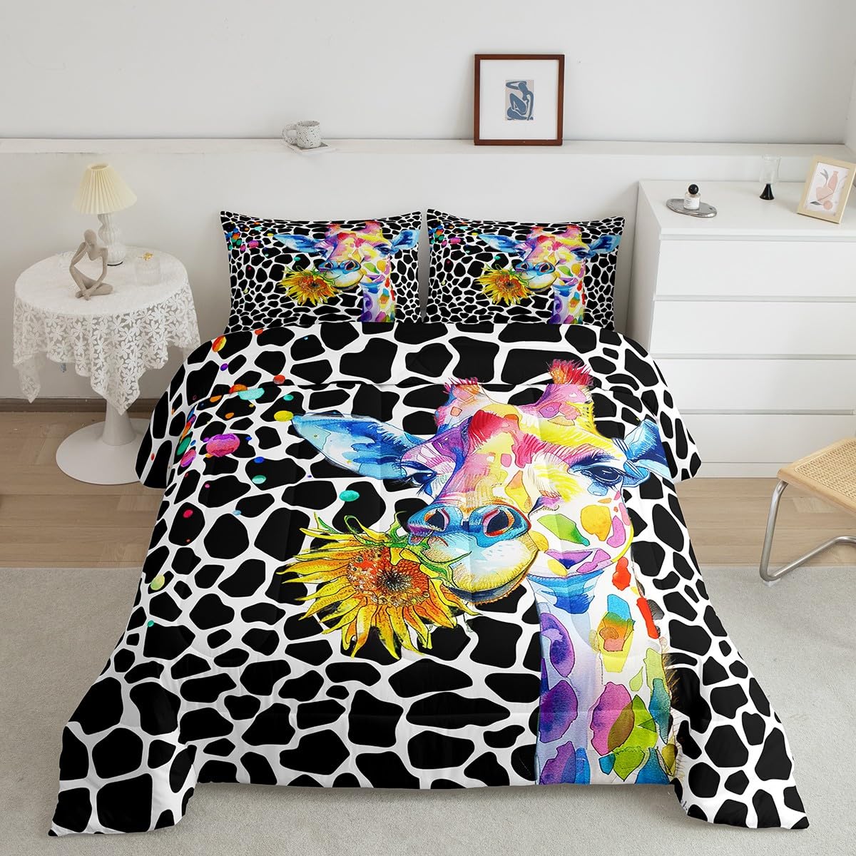 Erosebridal Rainbow Giraffe Comforter Twin Cute Animal Bedding Set, Black and White Giraffe Print Down Comforter Hippie Tie Dye Slatters Bed Set Street Graffiti Watercolor Quilted Duvet