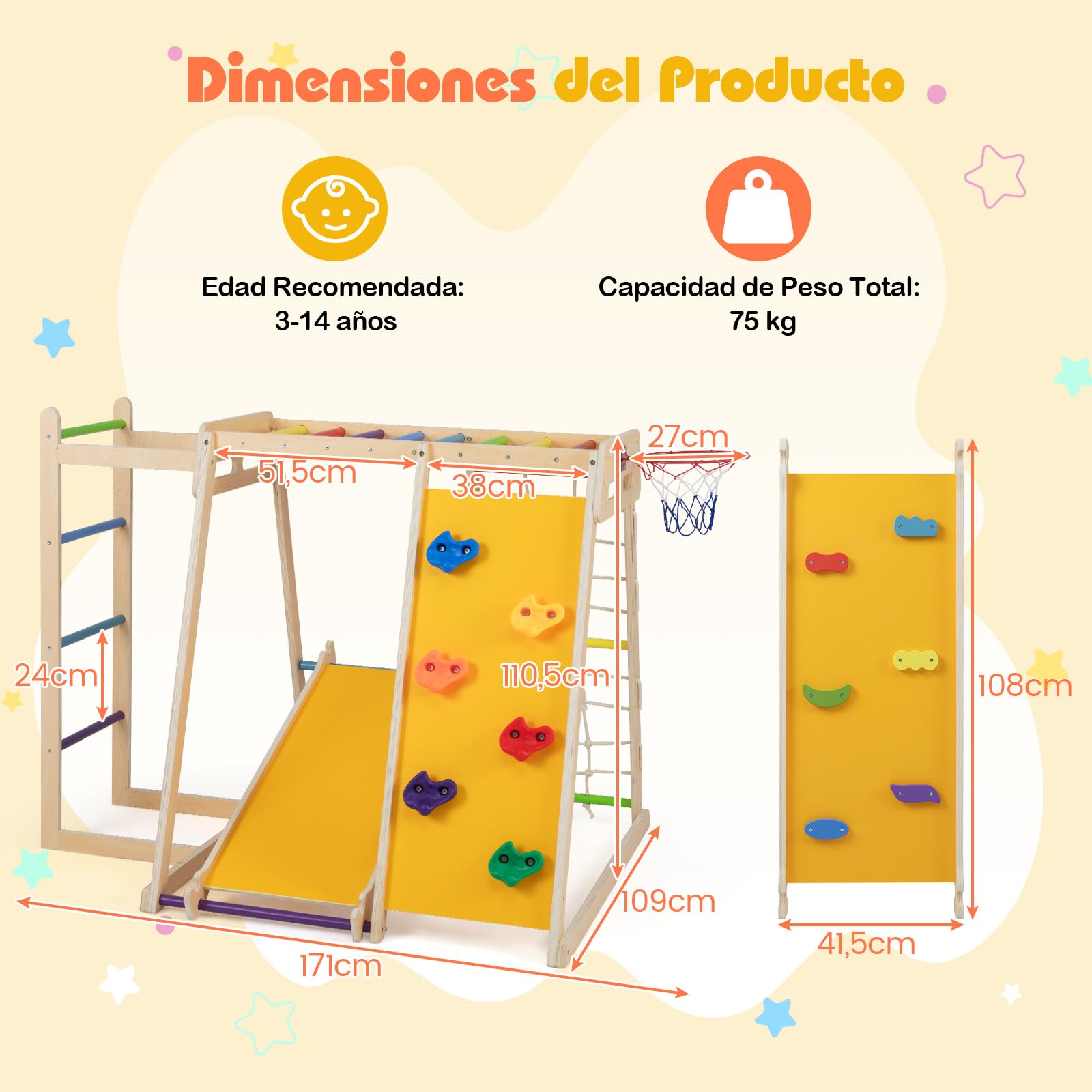 COSTWAY Gimnasio Infantil para Interior 6 en 1, Parque Infantil de Madera Montessori para Escalar con Tobogán, Escalada, Aro de Baloncesto, Barras de Mono, Red de Cuerda, Escalera (Multicolor)