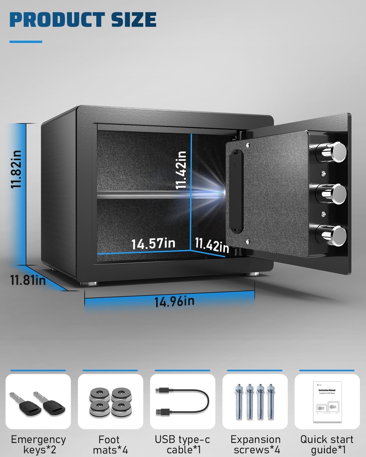 Image showing the Kavey safe's dimensions and included accessories: emergency keys, foot mats, USB Type-C cable, expansion screws, and a quick start guide.