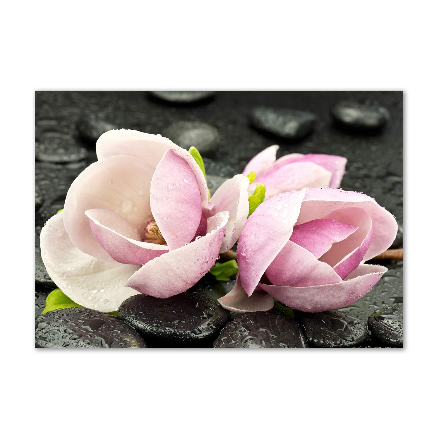 Tableau en verre acrylique magnolia et pierres zen rose pour salon