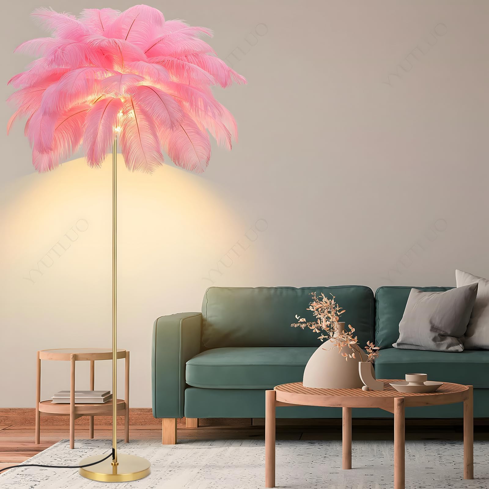 Moderne Federlampe, Stehlampe Aus Natürlichen Straußenfedern, 160cm Hoch, Goldene Stange Und Sockel, Stehlampe, 3 Farbtemperaturen, G4 Led Lampen Wohnzimmer Kinderzimmer Schlafzimmer (Rosa)