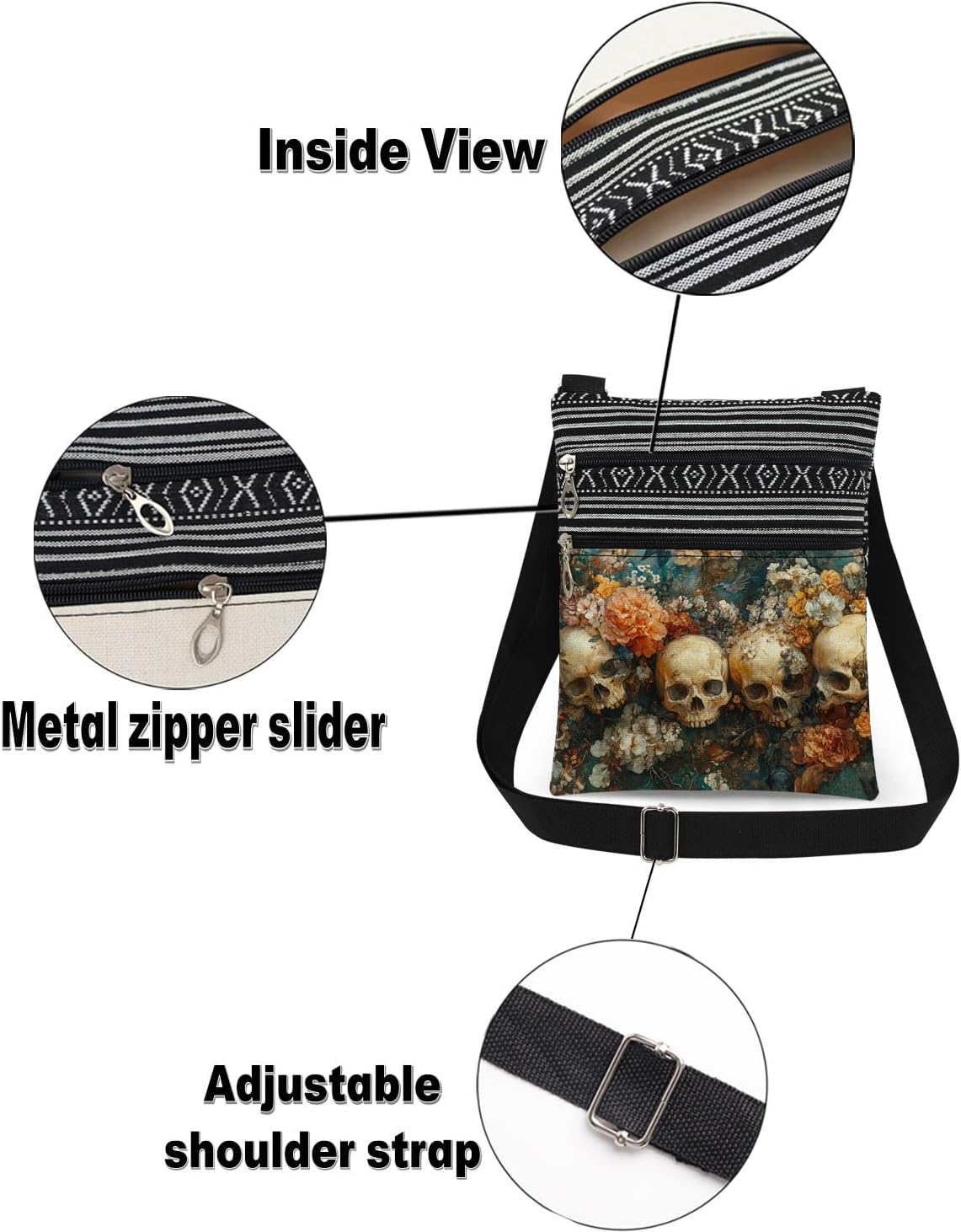 Sugar Skull Crossbody Bag Flowers with Skulls Print Adjustable Strap Messenger Bag Daily Use Zipper Wallet Halloween Night Christmas Gift for Women - Image 6