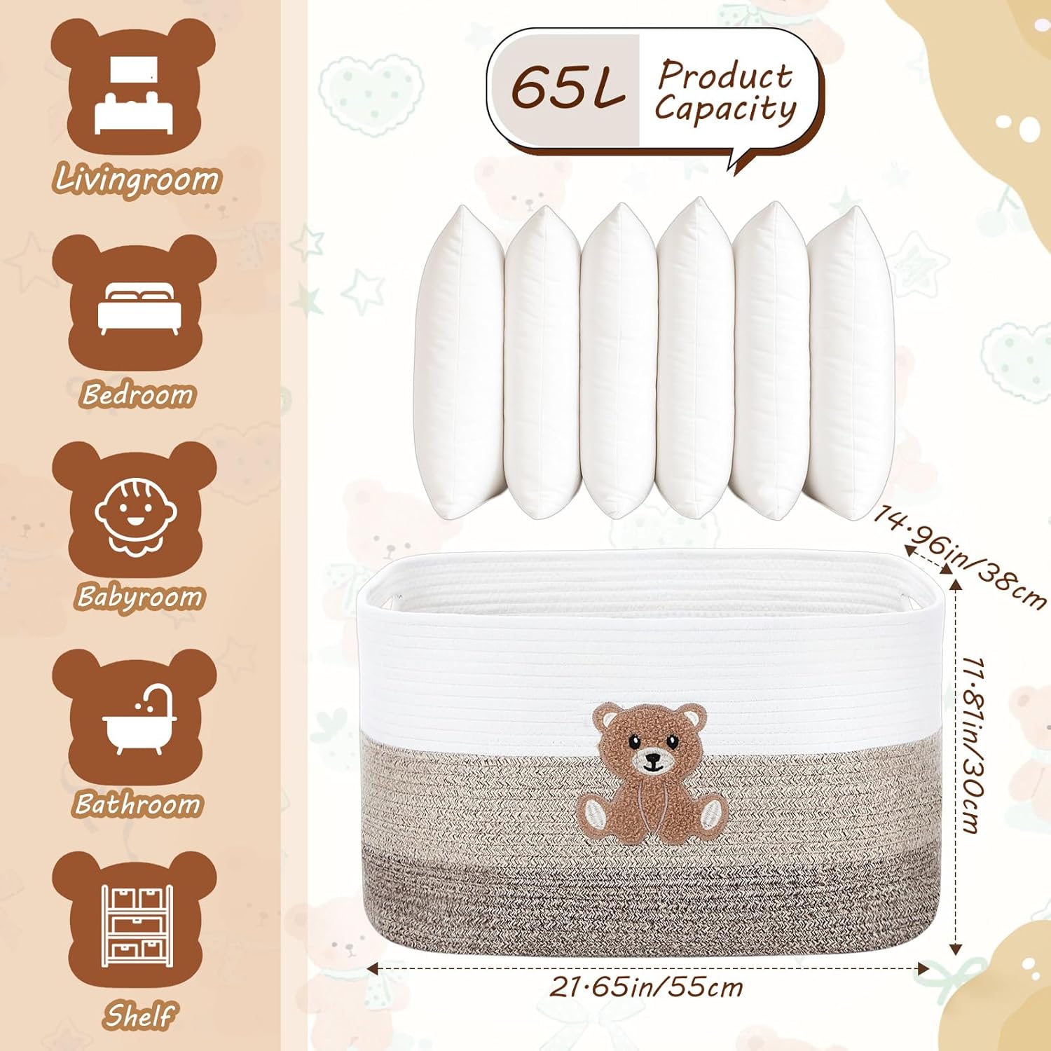Extra Large Blanket Basket 65L Little Bear Rectangle Woven Storage Basket with Handle for Storing Dirty Clothes Stuffed Animal Toy Storage for Living Room Bathroom 22" x 15" x 12" Brown