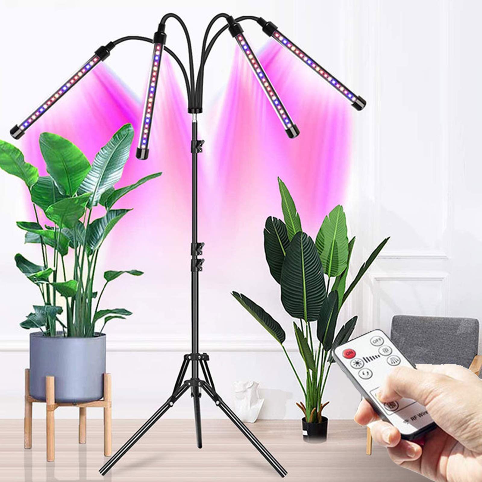 Lampada per Piante, 4 Luci A LED da Terra con Treppiede Regolabile per Piante da Coltivazione Interno, 80LED con Timer Automatico 4H/8H/12H,Spettro Completo, 3 modalità 9 Livelli di Luminosità