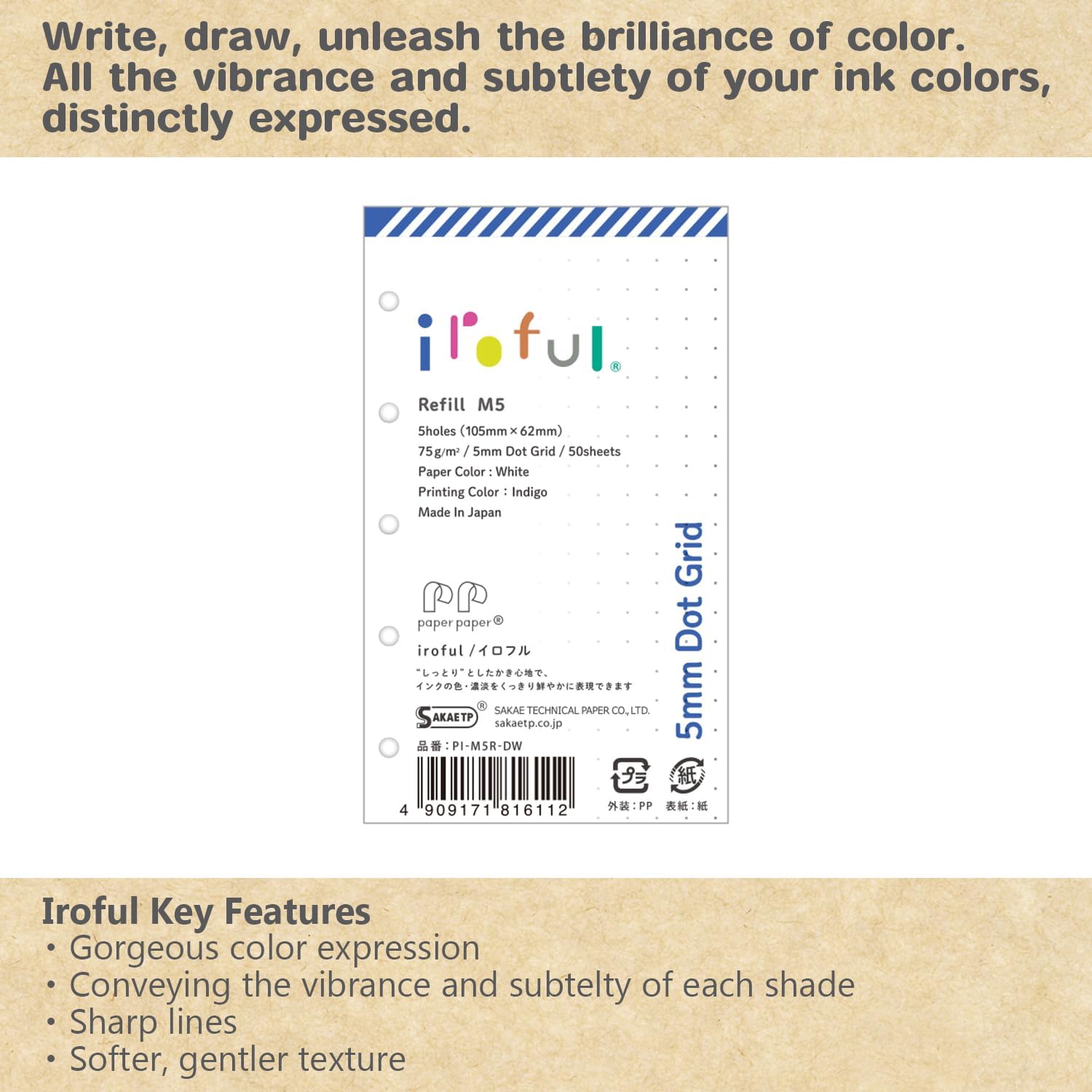 SAKAE PI-M5R-DW Technical Paper Notebook, Refill, M5, 0.2 inch (5 mm) Dots, Irofur, 2.6 oz (75 g) / m2, Paper Paper, 50 Sheets