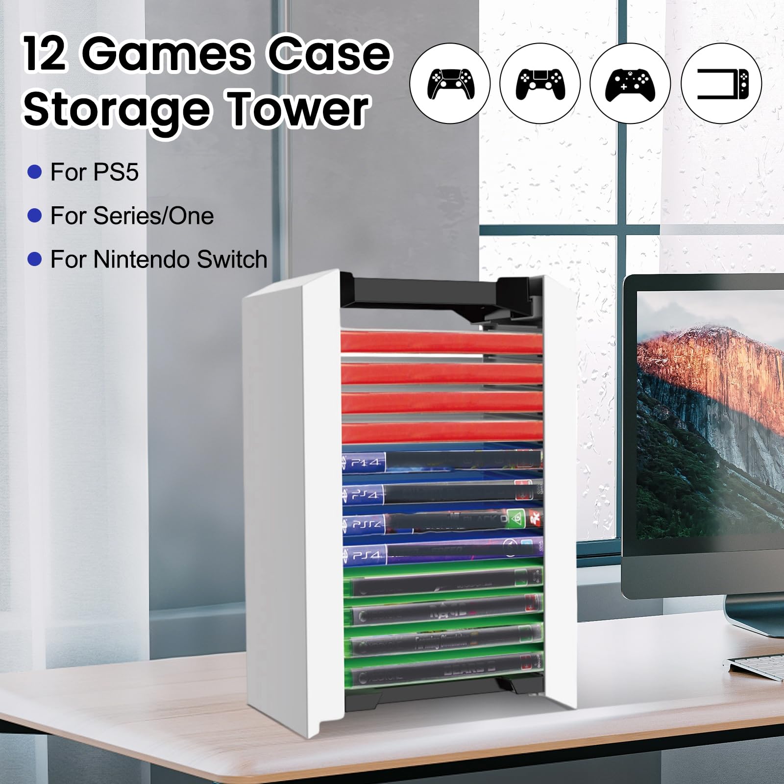 NCONCO Scatola di immagazzinaggio, torre per giochi PS5, torre dei dischi da gioco, organizzatore di accessori da gioco, 12 supporti per dischi da gioco per PS5, PS4