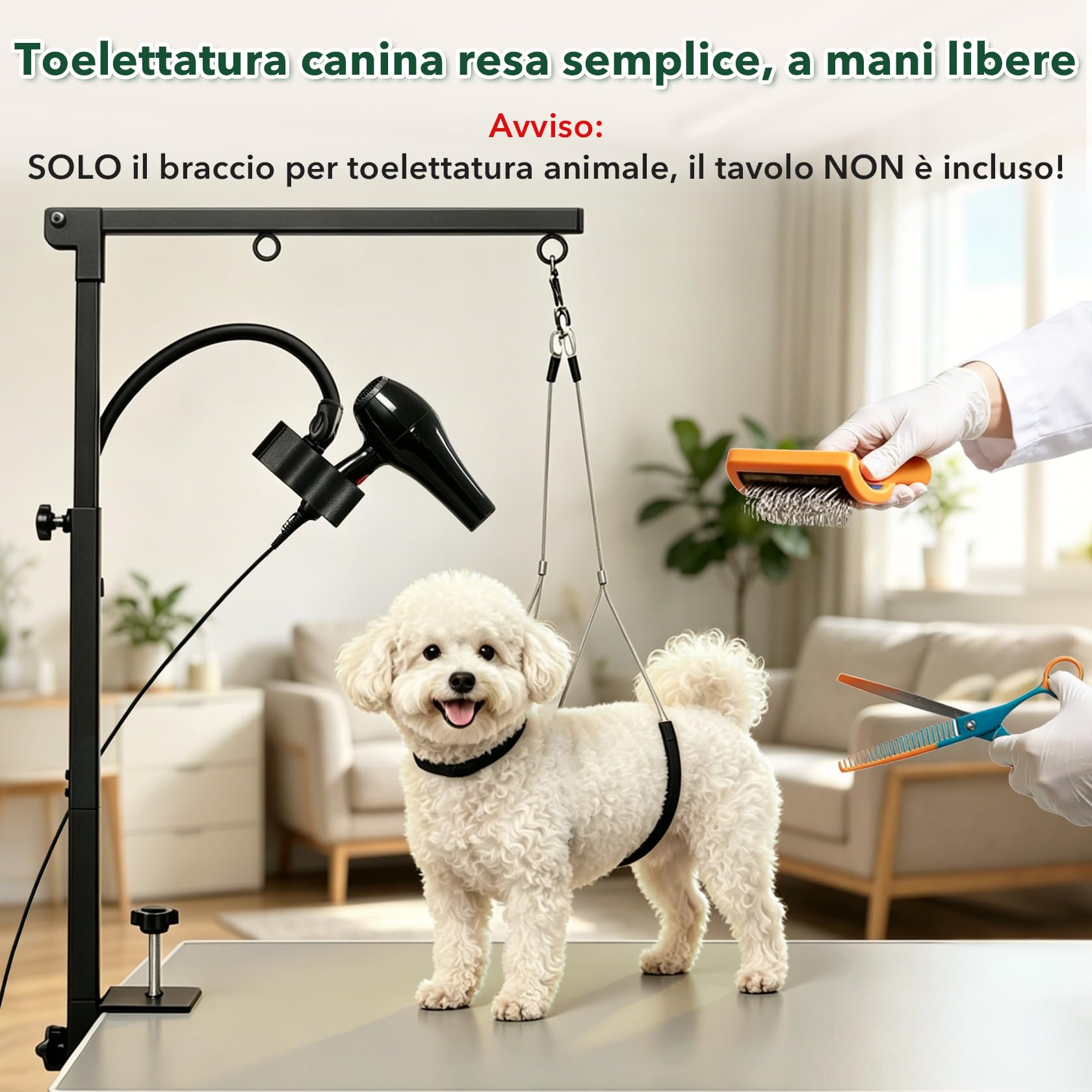 Pindex Braccio per Toelettatura Pieghevole con Morsetto, 29,13" – 40,94" (74–104 cm), con Supporto Asciugacapelli e Due Supporti Anti-Seduta per Cani Piccoli e Medi