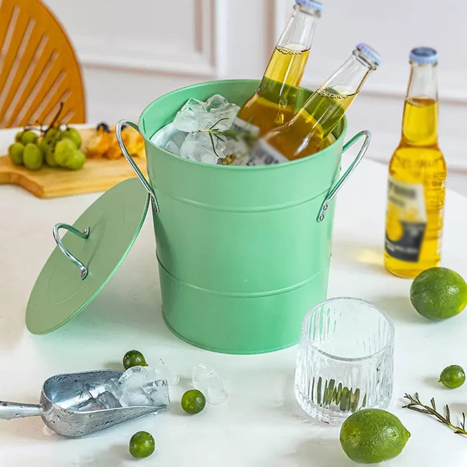 Flaschenkühler 3,5 Liter doppelwandiger Eiskübel, isolierte mit Deckel und Schaufel, verdickte aus Metall, Party-Getränkewanne for Partys in der Küche zu Hause, Cocktailbar Eiskühler(Green)