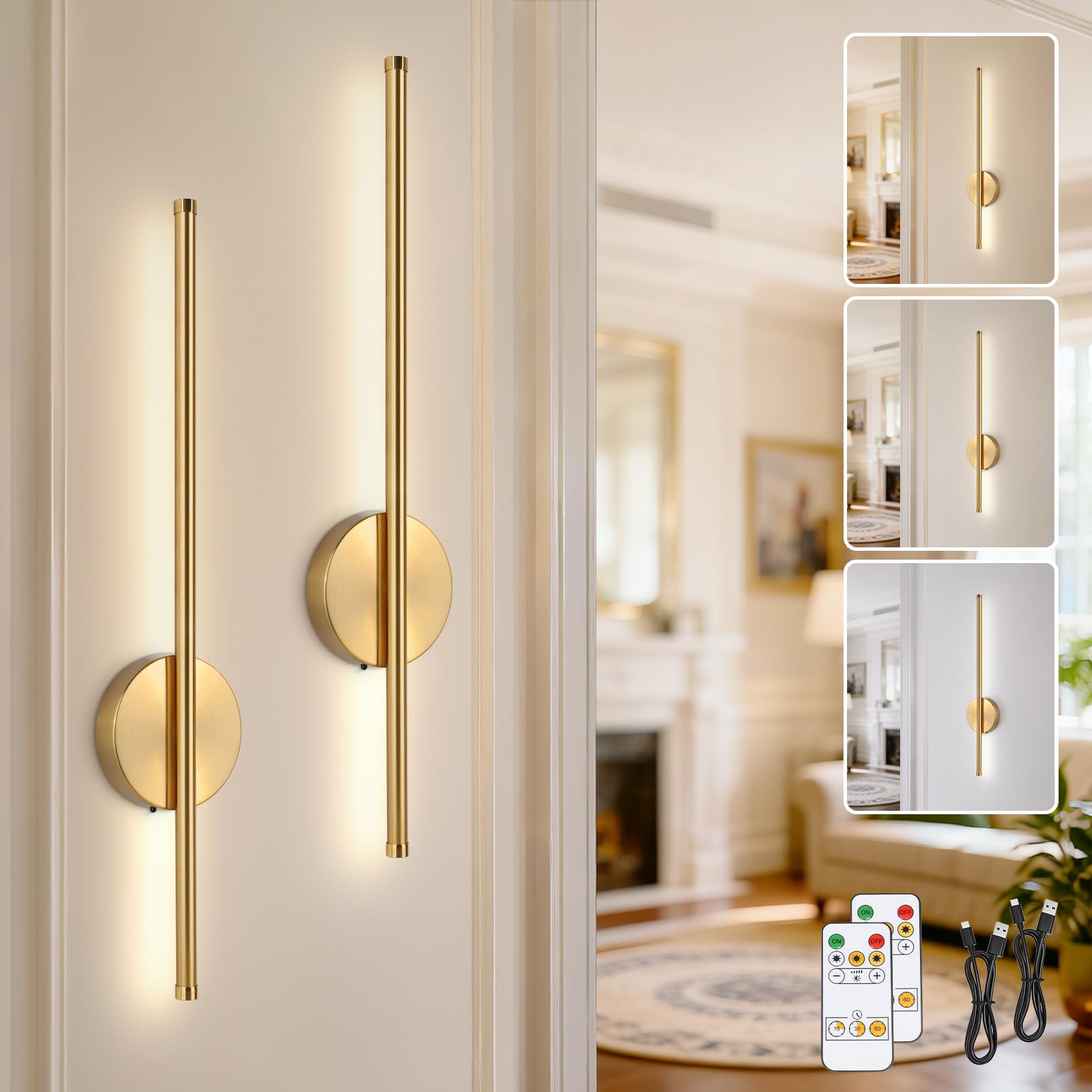 TaoFiaCo Gold Rechargeable Wall Lights with Remote Control - 60CM Modern Battery Operated Wall Lights Indoor for Living Room Bedroom - 3 Color Temperatures Wireless Wall Sconces 2 Pack — image 1