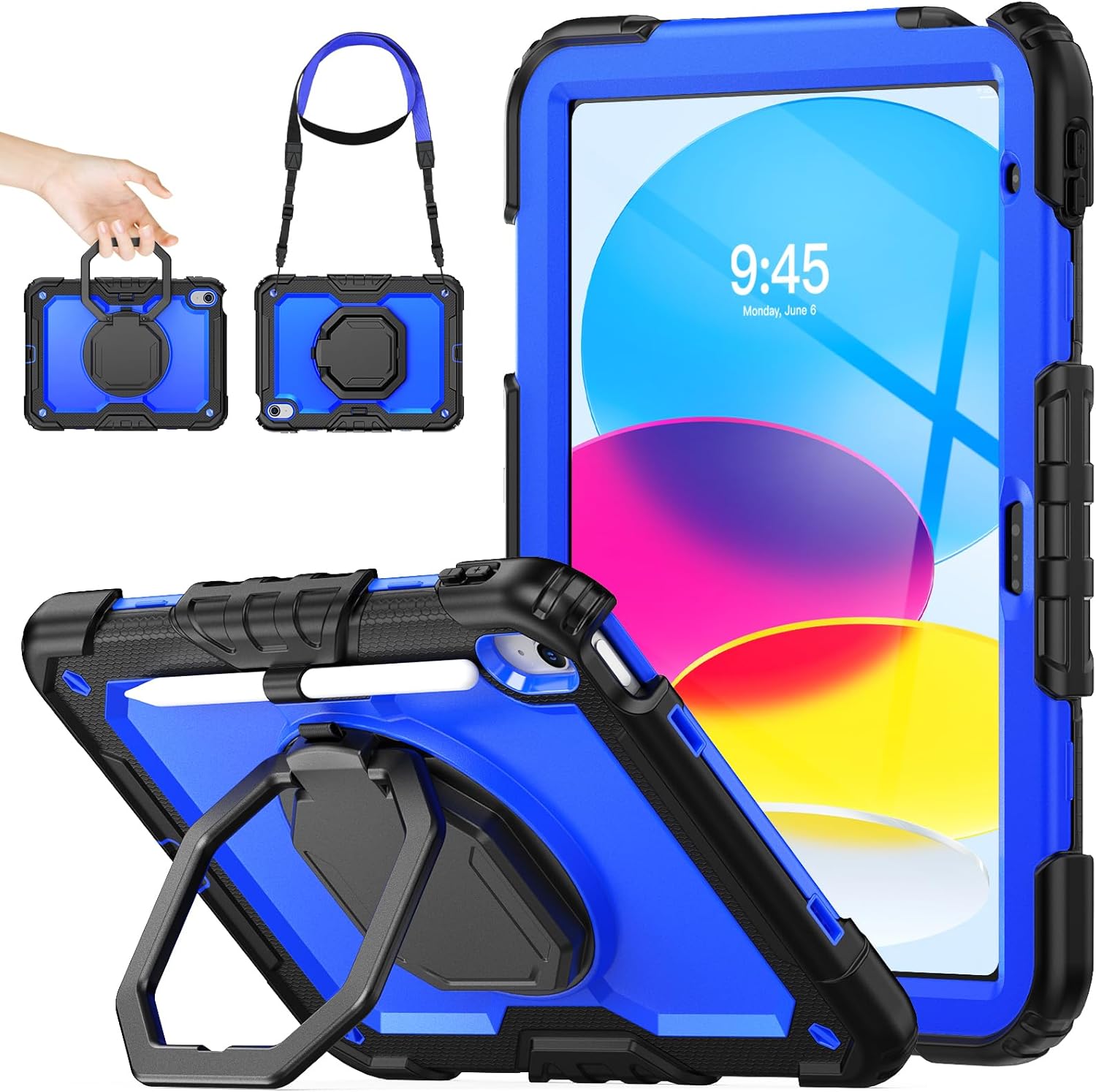 SEYMAC stock Shockproof Tablet Case for iPad (A16) 11th/10th Generation 11''/10.9'', Full-Body Drop Protection Case with Pencil Holder & [360 Ring Handle Stand] Screen Protector (Blue)